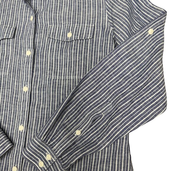 Women's EDDIE BAUER Classic Fit Linen Button Down Striped Shirt- Size PM - Picture 3 of 9